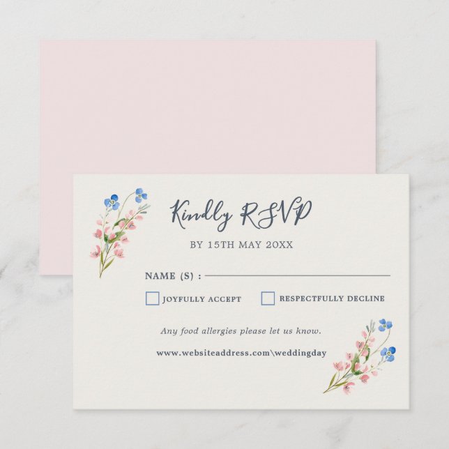 Cartons Réponse Blue Pink Wildflowers Response Card (Devant / Derrière)
