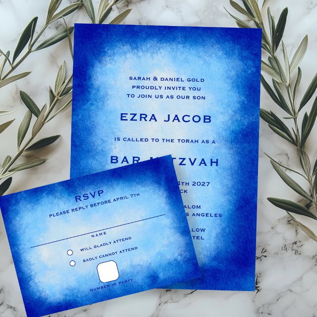 Cartons Réponse Blue Watercolor Custom Bar Bat Mitzvah (Blue Watercolor Custom Bar Bat Mitzvah RSVP Card
)