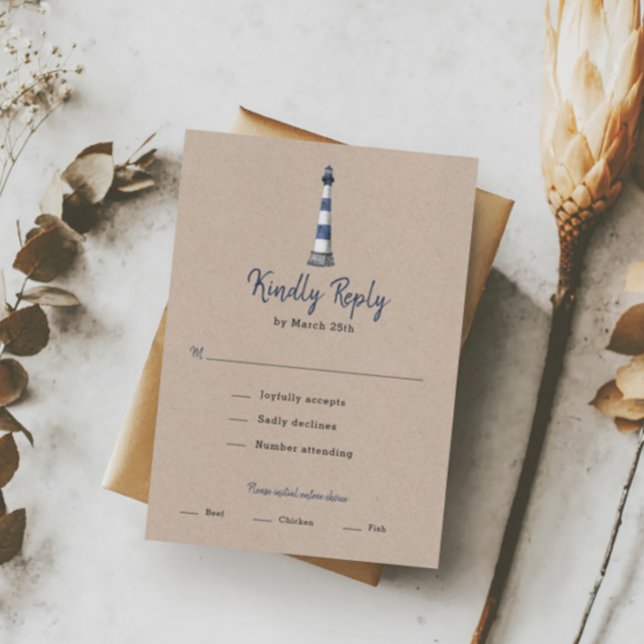 Cartons Réponse Blue White Lighthouse Mariage Repas Choix (Créateur téléchargé)