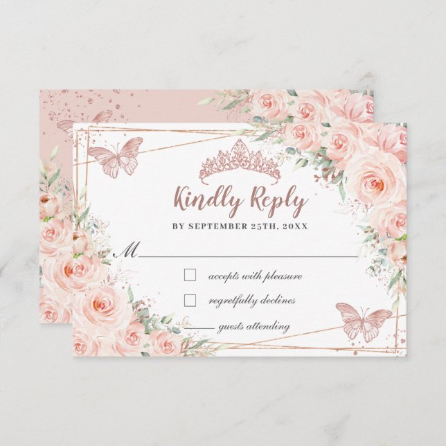 Cartons Réponse Blush Floral Rose Gold Butterfly Quinceañera Répon (Devant / Derrière)