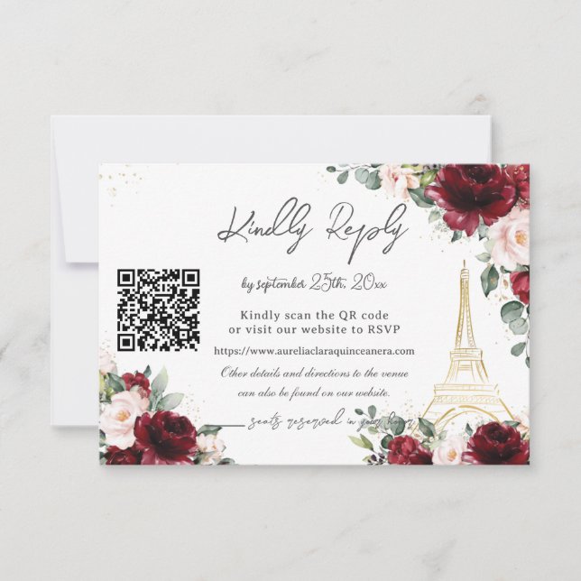 Cartons Réponse Blush Pink Floral Paris Eiffel Quinceañera QR  (Devant)