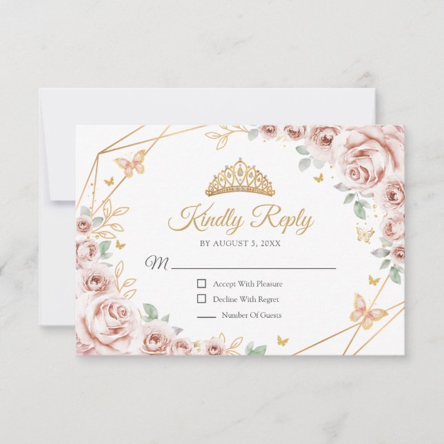 Cartons Réponse Blush Pink Gold Floral Quinceanera Reply (Devant)