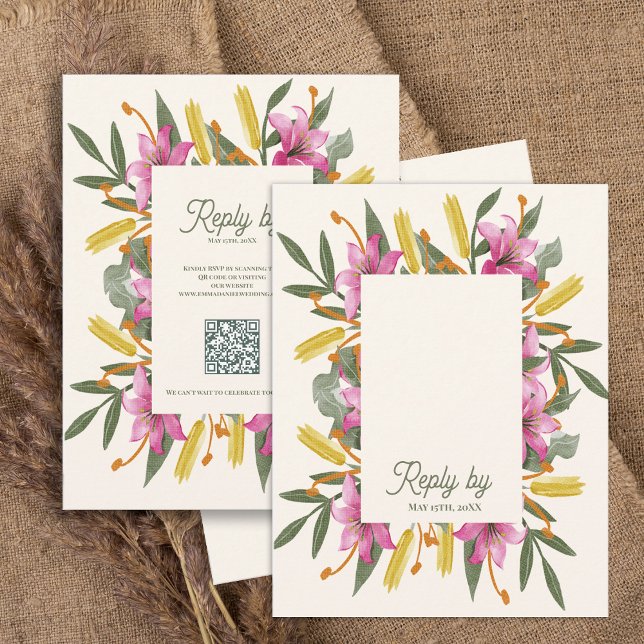 Cartons Réponse Blush Pink Lily QR Code Botanical Floral Wedding (Blush Pink Lily Botanical Wedding RSVP Card with QR Code | Romantic Watercolor Floral Response Card)