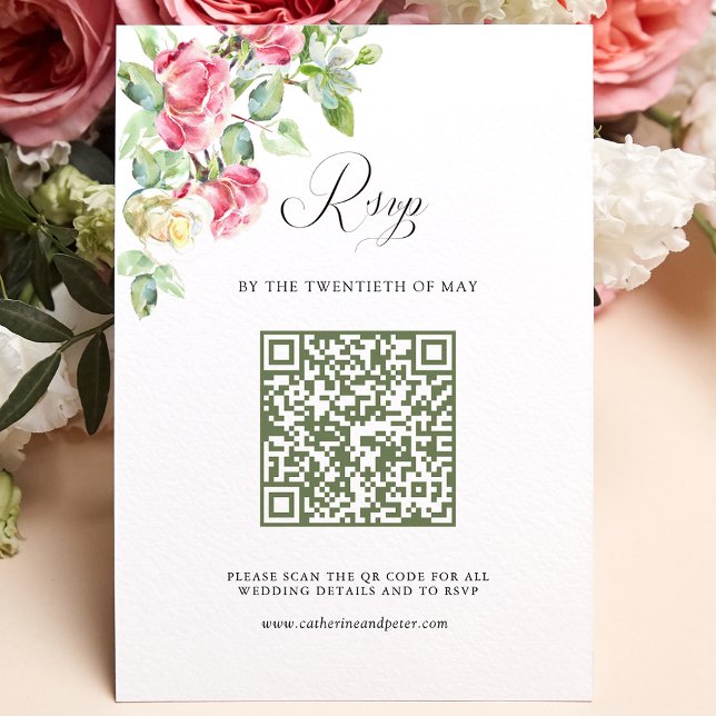 Cartons Réponse Blush Pink Watercolor Roses QR Code Wedding (Créateur téléchargé)