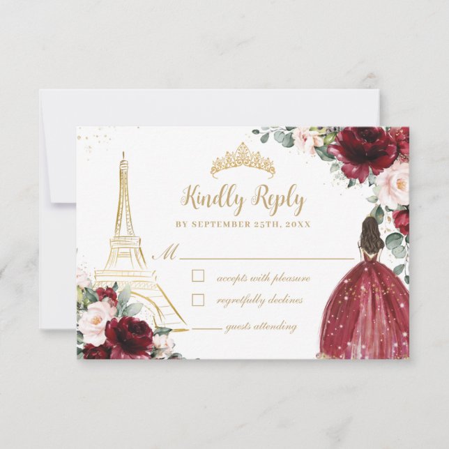 Cartons Réponse Blush Rose Floral Or Paris Princess Quinceañera (Devant)
