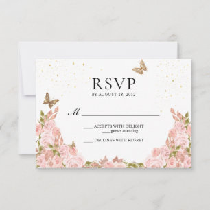 Cartons Réponse Blush Rose Floral Papillon Doré Quinceanera