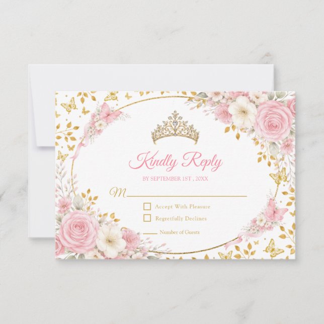 Cartons Réponse Blush Rose Quinceañera Papillon Doré  (Devant)