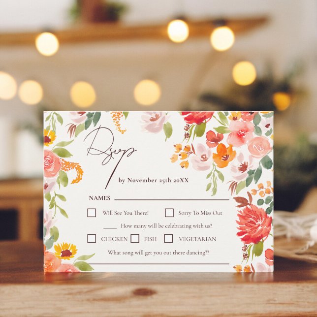 Cartons Réponse Boho automne floral rustique tout en un mariage (Boho fall rustic floral all in one wedding RSVP card)