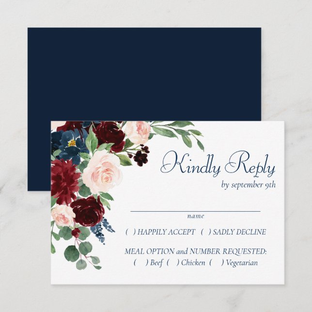 Cartons Réponse Boho Blooms | Rustic Navy et Burgundy Entree (Devant / Derrière)