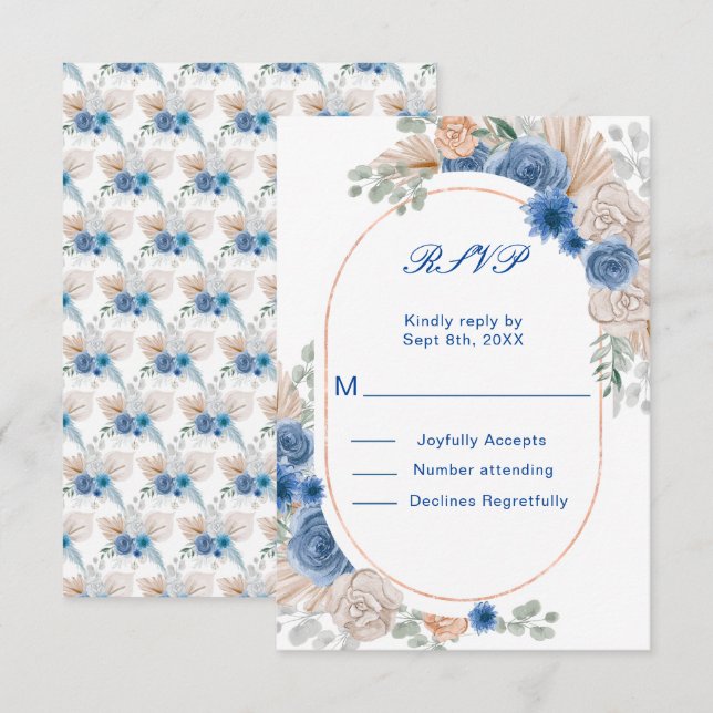 Cartons Réponse Boho Blue Pampas Mariage en herbeRSVP (Devant / Derrière)