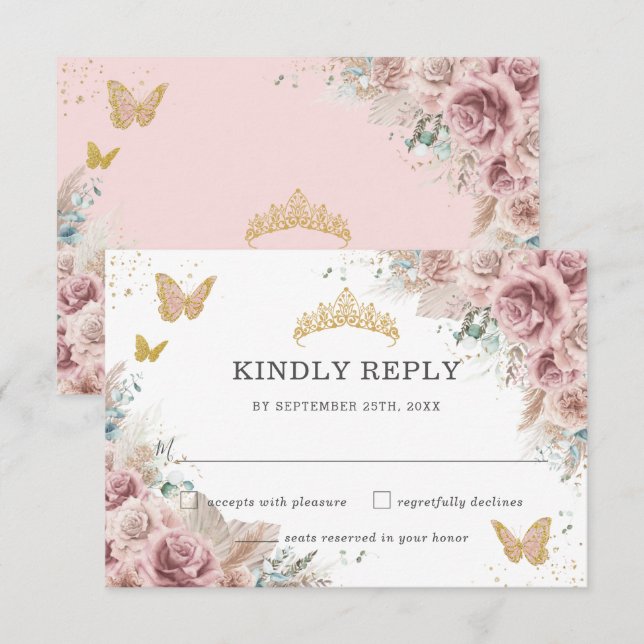 Cartons Réponse Boho Blush Dusty Rose Floral Pampas Quinceanera (Devant / Derrière)