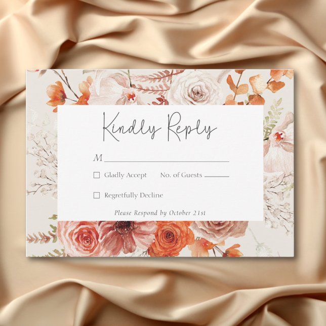 Cartons Réponse Boho Brûlé Orange Chute Floral Monogramme Beige (Boho Burnt Orange Fall Floral Monogram Beige RSVP Card)
