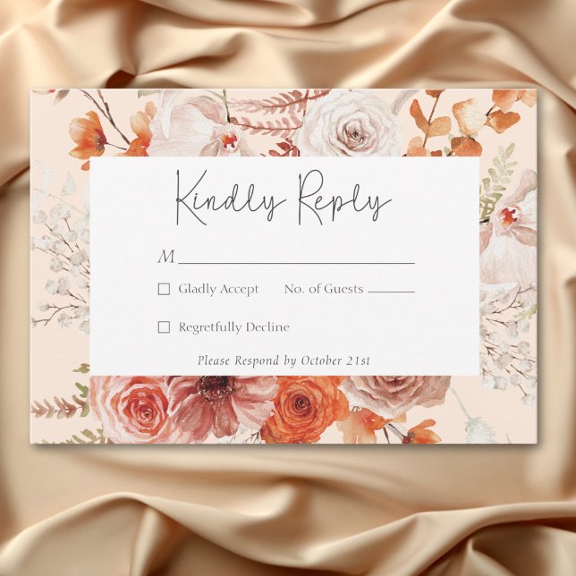 Cartons Réponse Boho Brûlé Orange Chute Floral Monogramme Pêche (Boho Burnt Orange Fall Floral Monogram Peach RSVP Card)
