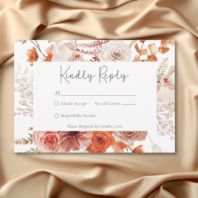 Cartons Réponse Boho Burnt Orange Fall Floral Blanc (Boho Burnt Orange Fall Floral White RSVP Card)