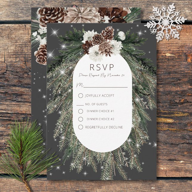 Cartons Réponse Boho Charcoal Pine Winter Sparkings Deux Dîners (Boho Charcoal Pine Winter Sparkle Wedding RSVP Card)
