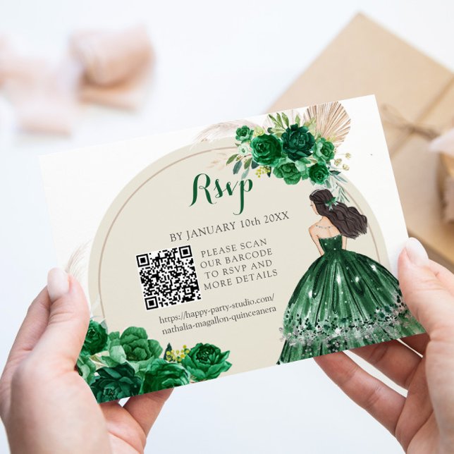 Cartons Réponse Boho Emerald Green Princess Quinceañera QR (Créateur téléchargé)