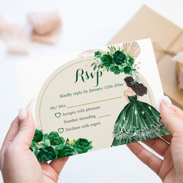 Cartons Réponse Boho Emerald Green Roses Princesse Quinceañera (Créateur téléchargé)