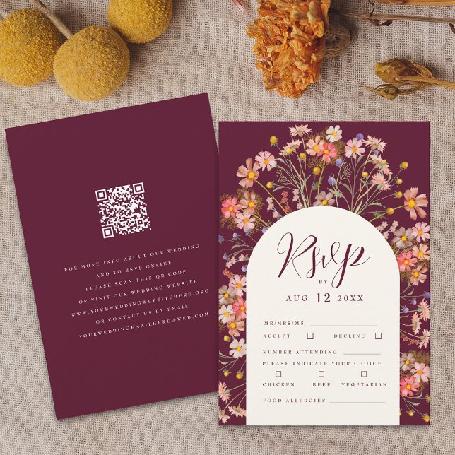 Cartons Réponse Boho Fall Rustic Fleur sauvage Floral QR code Mari (Boho fall rustic wildflower floral arch elegant script burgundy and ivory cream qr code wedding rsvp)
