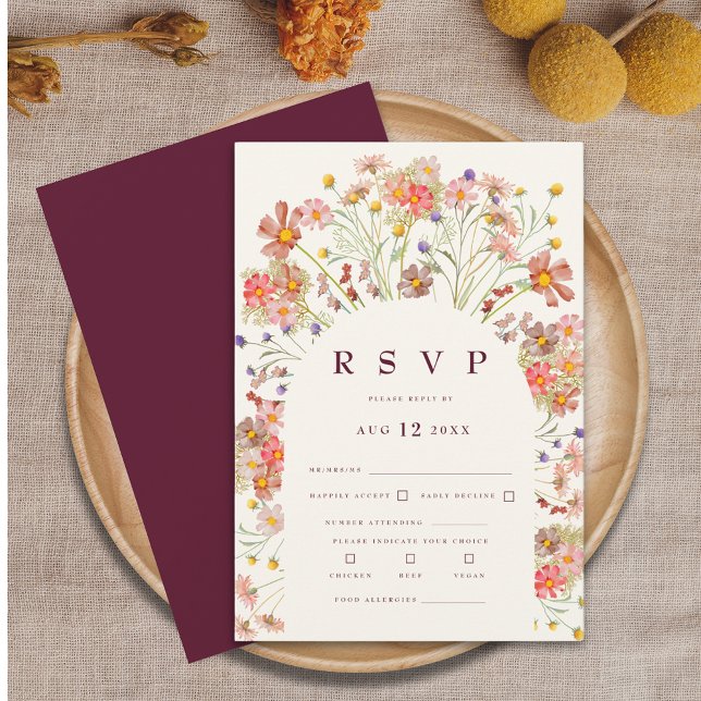 Cartons Réponse Boho Fall Rustique Fleur sauvage Bourgogne Mariage (Boho fall rustic wildflower floral arch burgundy and ivory cream wedding RSVP card)