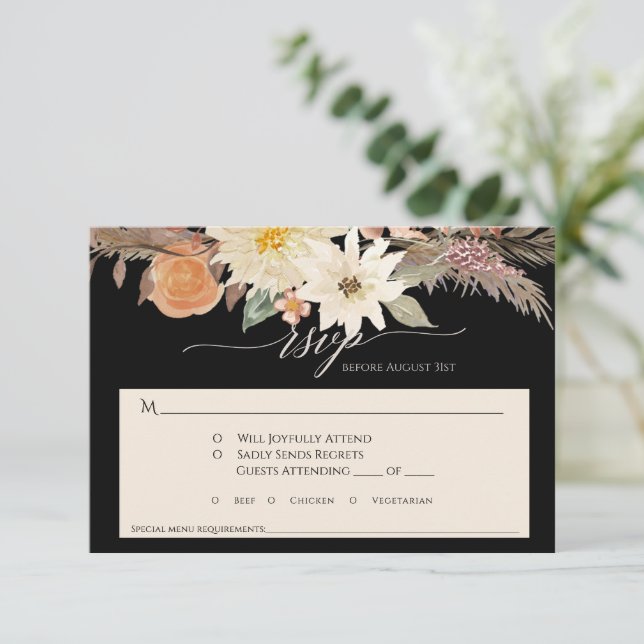 Cartons Réponse BOHO Fleurs d'automne Noir et Tan Herbe de Pampas  (Debout devant)