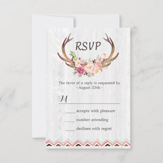 Cartons Réponse Boho Floral Antler Rustique Blanc Bois Mariage RSV (Devant)