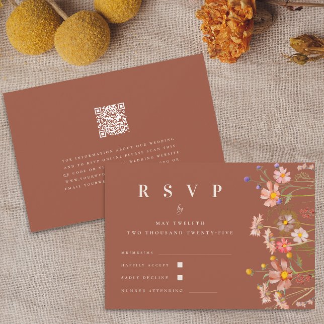 Cartons Réponse Boho Floral Automne Terracotta Beige Code Qr Maria (Wildflower boho fall floral terracotta rust qr code Wedding RSVP card Autumn garden meadow flowers )