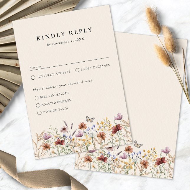 Cartons Réponse Boho Floral Avec Repas (Tan Floral Boho Meals RSVP Card by Painted Paperie
)