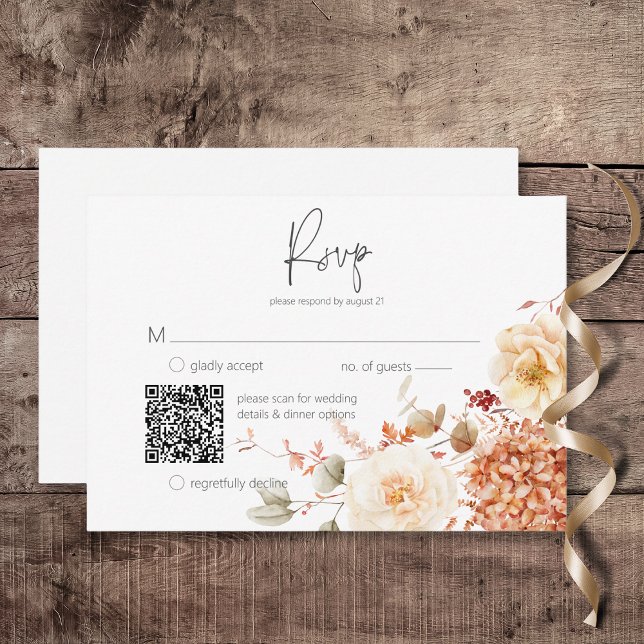 Cartons Réponse Boho floral de la chute épicée rouille et rougit C (Spicy Fall Rust & Blush Boho Floral Wedding Response Card with QR Code)
