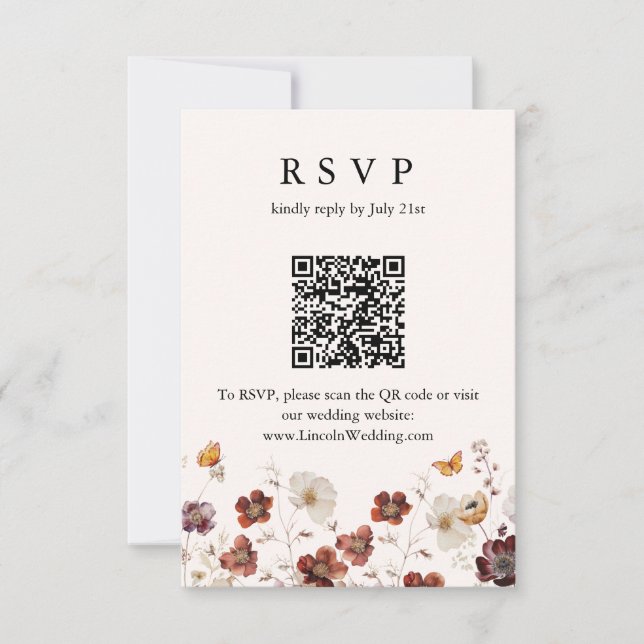 Cartons Réponse Boho Florales Automnales Papillon Mariage Code QR  (Devant)