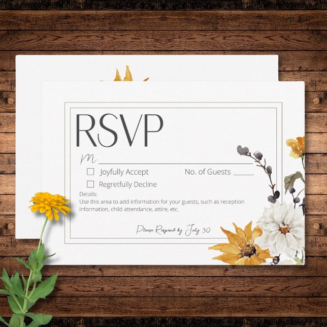 Cartons Réponse Boho Golden Yellow Meadow Fleur Blanc Pas de dîner (Boho Golden Yellow Meadow Flower White No Dinner RSVP Card)