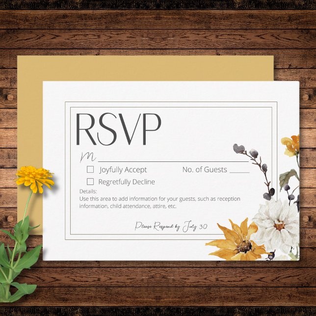 Cartons Réponse Boho Golden Yellow Meadow Fleur Or Pas de dîner (Boho Golden Yellow Meadow Flower Gold No Dinner RSVP Card)