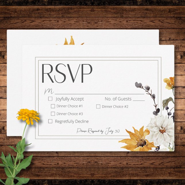 Cartons Réponse Boho Golden Yellow Meadow Fleurs Dîner Blanc (Boho Golden Yellow Meadow Flowers White Dinner RSVP Card)