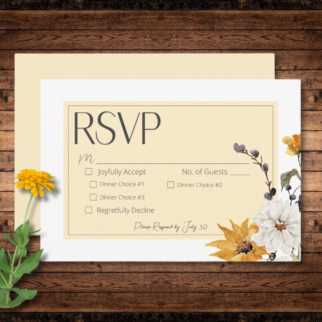 Cartons Réponse Boho Golden Yellow Meadow Fleurs Dîner Jaune (Boho Golden Yellow Meadow Flowers Yellow Dinner RSVP Card)