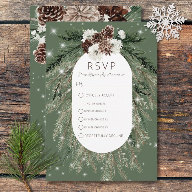 Cartons Réponse Boho Green Pine Hiver Étincelle Trois Dîners (Boho Green Pine Winter Sparkle Three Dinner RSVP Card)