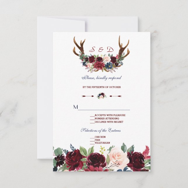 Cartons Réponse Boho Merlot Marine Blue Floral Antlers Mariage RSV (Devant)