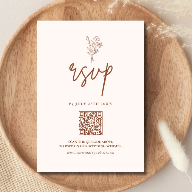 Cartons Réponse Boho Minimal Botanique Code QR Terracotta Mariage (Boho minimalist terracotta QR code RSVP card simplifies replies while adding warm earthy charm)