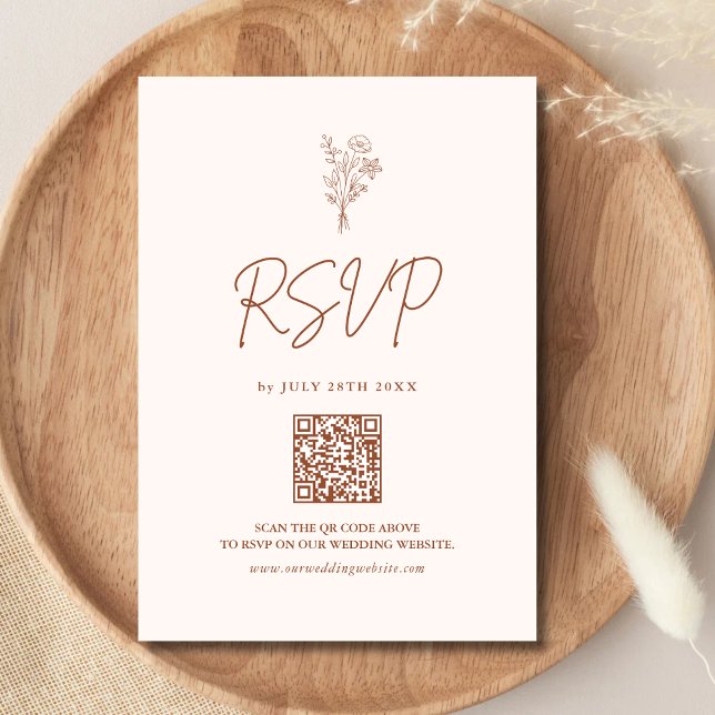 Cartons Réponse Boho Minimal Botanique Code QR Terracotta Mariage (Boho minimalist terracotta botanical RSVP card with QR code adds easy responses and warm style)