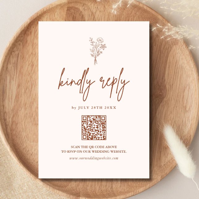 Cartons Réponse Boho Minimal Botanique Code QR Terracotta Mariage (Boho minimalist terracotta botanical RSVP card with QR code adds easy, stylish guest responses)