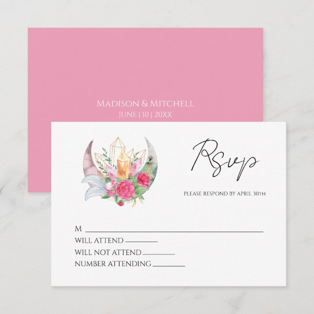 Cartons Réponse Boho Moon Crystals Plumes rose Fleurs Mariage (Devant / Derrière)