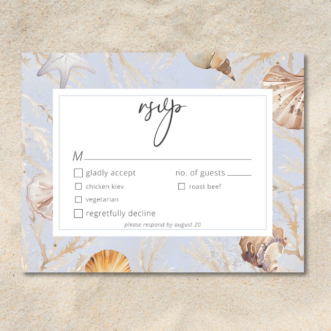 Cartons Réponse Boho Ocean Dusty Blue Sur la plage Dîner de mariag (Boho Ocean Dusty Blue On the Beach Wedding Dinner RSVP Card)