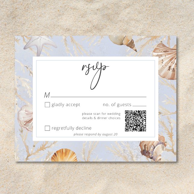 Cartons Réponse Boho Ocean Dusty Blue Sur la plage Mariage QR (Boho Ocean Dusty Blue On the Beach Wedding QR RSVP Card)