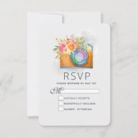 Boho Orange Camera & Fleurs Mariage d'aquarelle