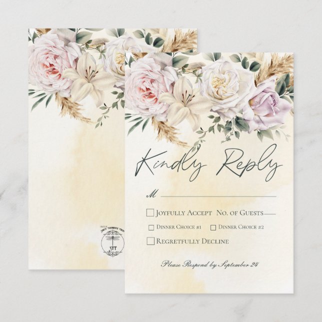 Cartons Réponse Boho Pampas & Roses Rose Mariage (Devant / Derrière)