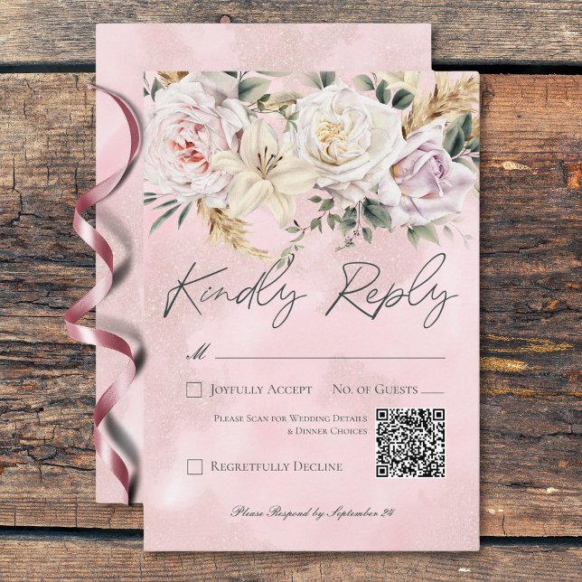 Cartons Réponse Boho Pampas & Roses Rose Mariage QR Code (Boho Pampas & Pink Roses Wedding QR Code RSVP Card)