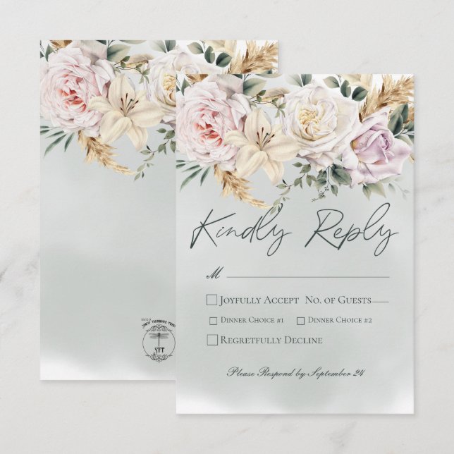 Cartons Réponse Boho Pampas & Roses Rose Mariage vert (Devant / Derrière)