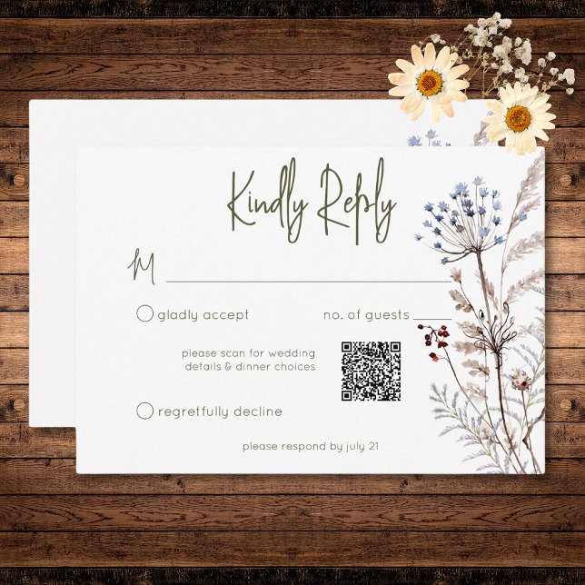 Cartons Réponse Boho Pastel Fleur sauvage Moderne Floral QR Code (Boho Pastel Wildflowers Modern Floral QR Code RSVP Card)