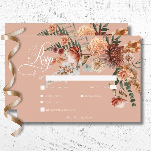 Cartons Réponse Boho Peach & Rust Floral Peach Blush Diner (Boho Peach & Rust Floral Peach Blush Dinner RSVP Card)