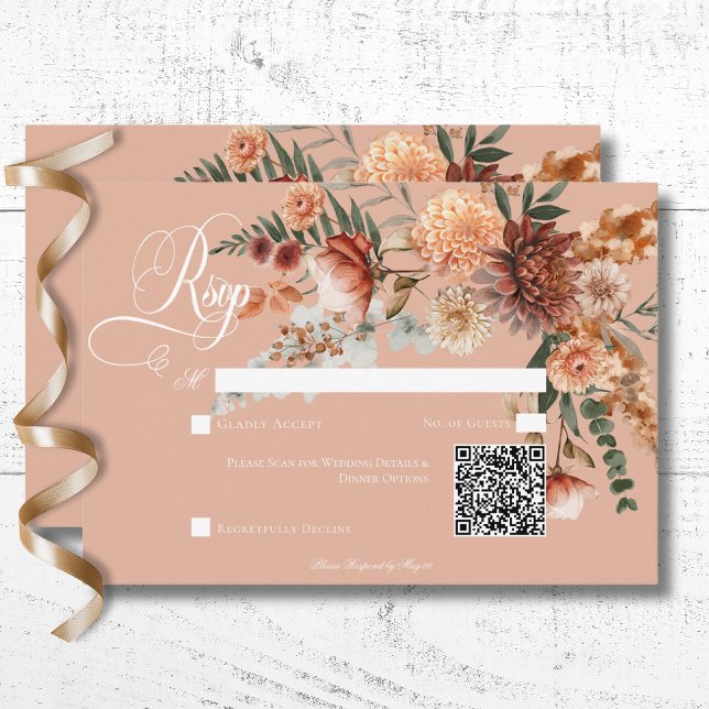 Cartons Réponse Boho Peach & Rust Floral Peach Blush QR Code (Boho Peach & Rust Floral Peach Blush Dinner RSVP Card with QR Code)