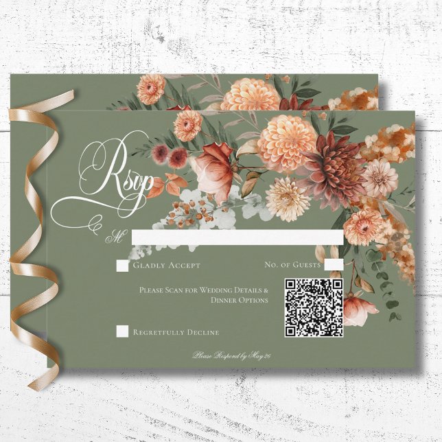 Cartons Réponse Boho Peach & Rust Floral Sage Green QR Code (Boho Peach & Rust Floral Sage Green QR Code RSVP Card)