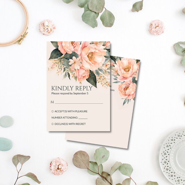 Cartons Réponse Boho pêche terre fleurie été mariage de printemps (Boho peach peonies earthy floral summer spring wedding RSVP card qr rsvp cards)